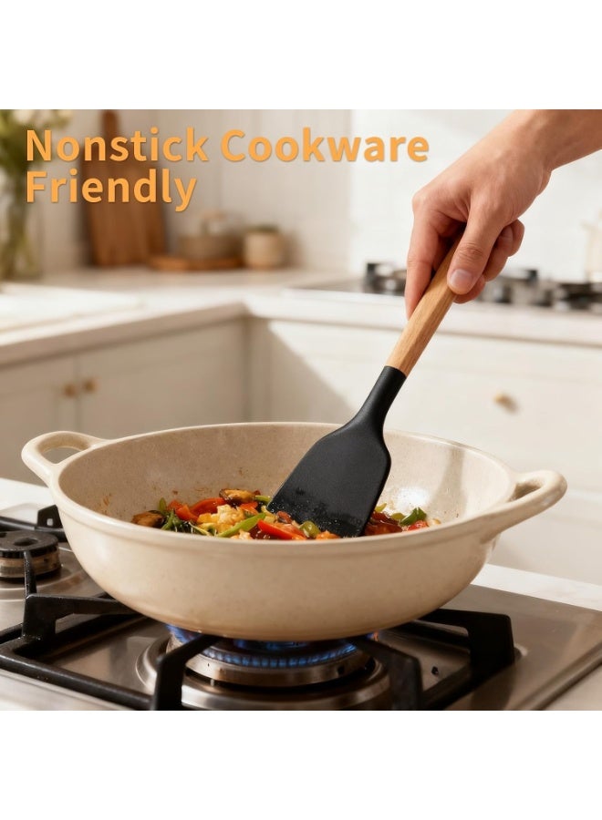 طقم أدوات مطبخ سيليكون 12 قطعة غير لاصق بمقابض خشبية (أسود) - Image 3